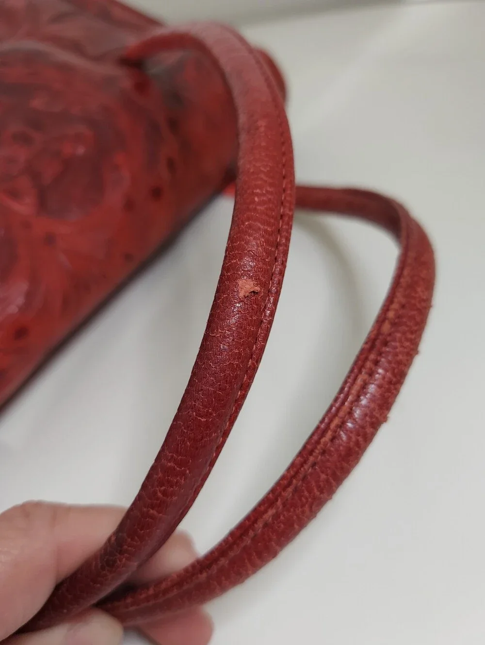 Vintage Red Floral Tooled Leather Mid-Century Artisan Satchel Hand Bag Purse